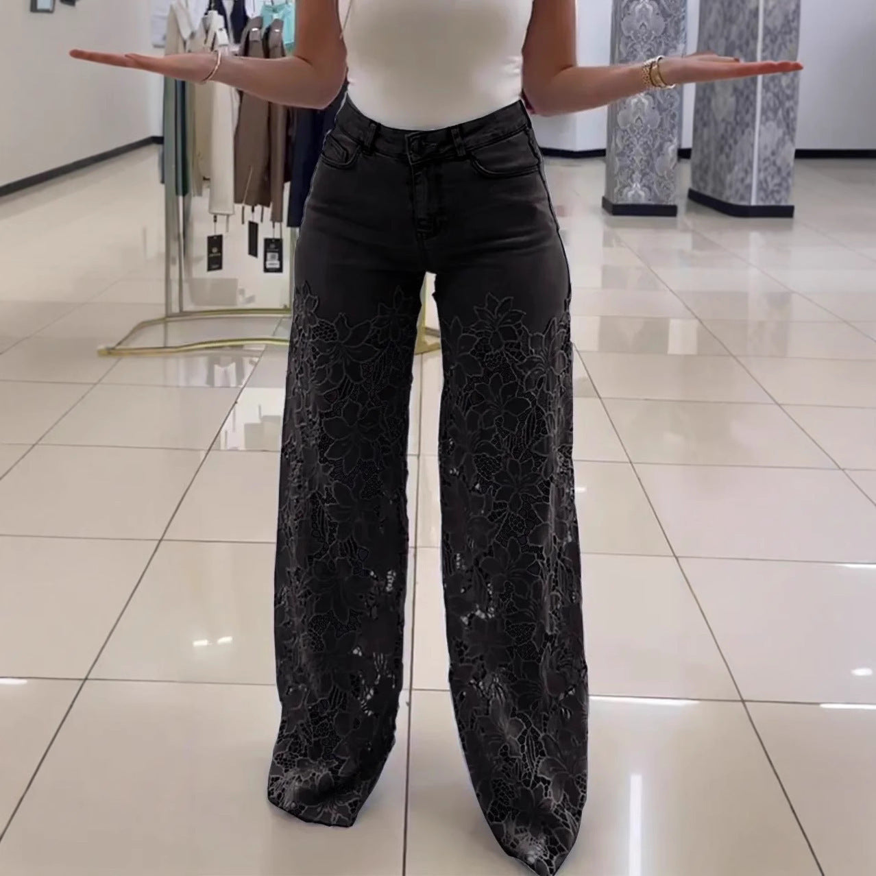 Women's Fashionable Hollow Lace Stitching High Waist Wide Leg Pants