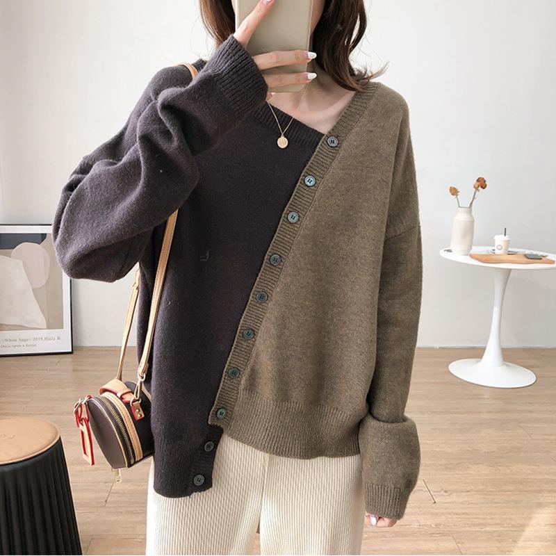 Diagonal Button Design Sense Contrast Color Long Sleeves Knitwear For Women