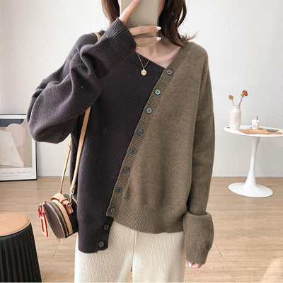 Diagonal Button Design Sense Contrast Color Long Sleeves Knitwear For Women