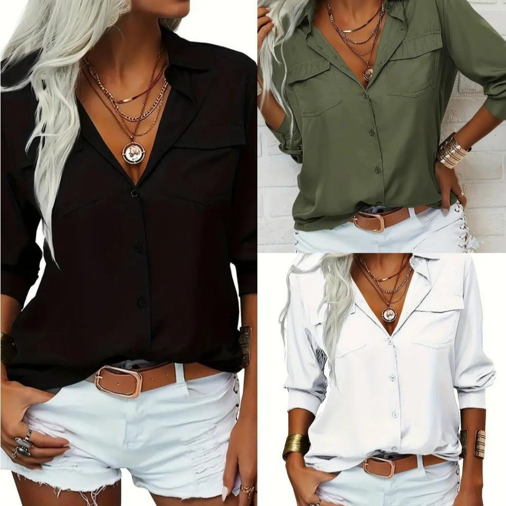 New Women's Shirt With Collar And Long Sleeved Blouse With Pockets For Business And Leisure