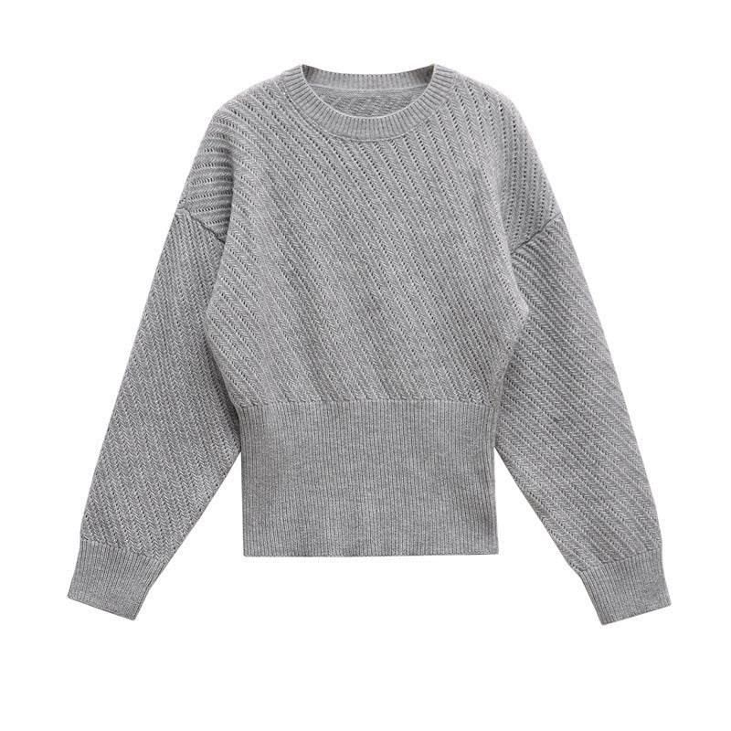 Women's Autumn And Winter Ribbed Woven O-neck Short Knitted Long Sleeve Sweater
