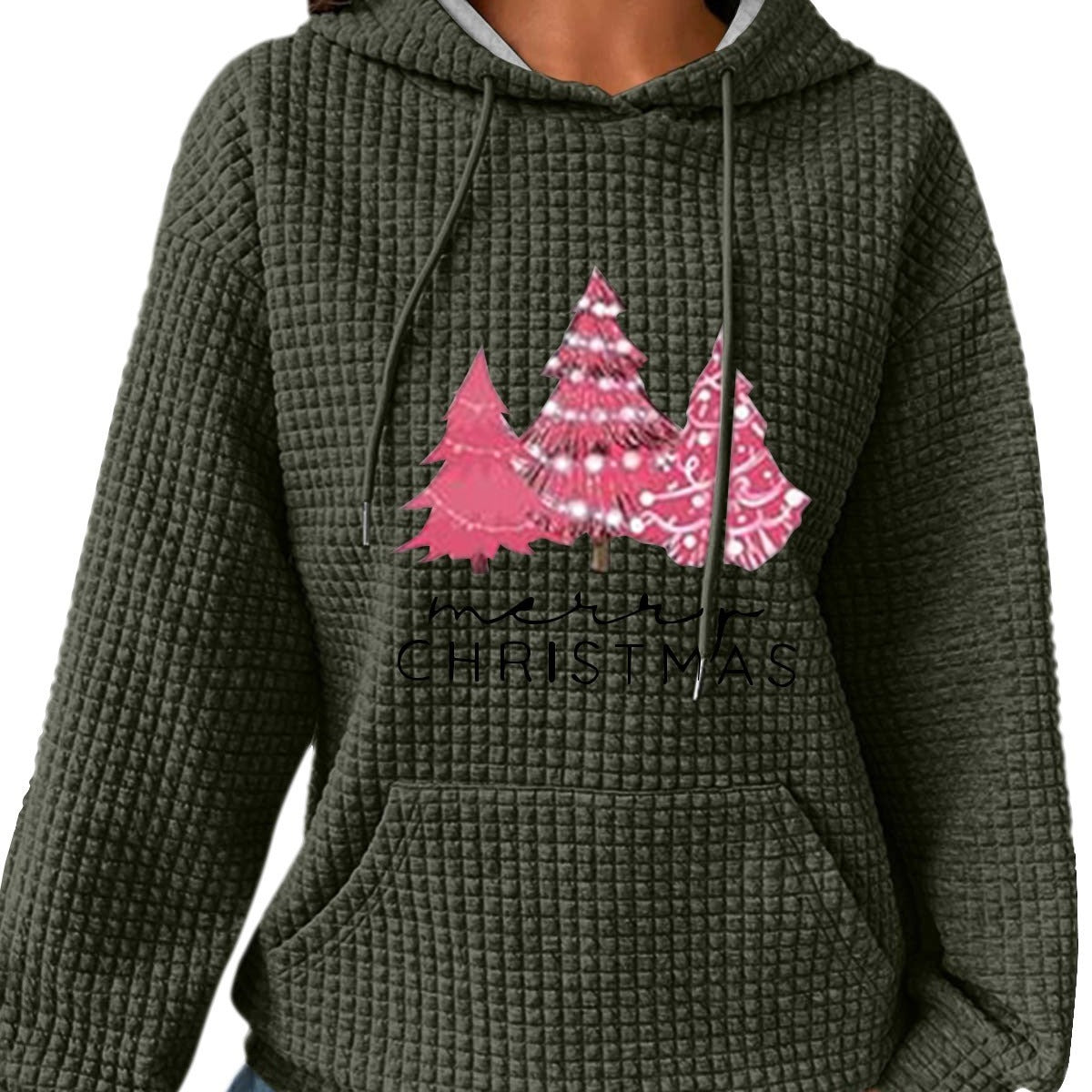 Women's Hooded Long-sleeved Patchwork Waffle Sweater