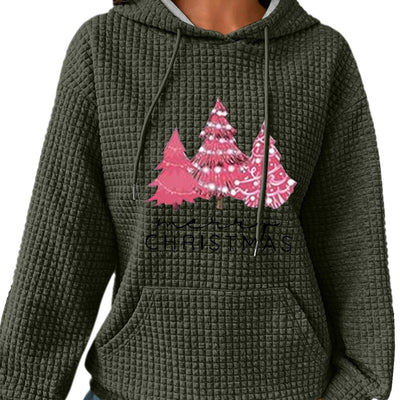 Women's Hooded Long-sleeved Patchwork Waffle Sweater