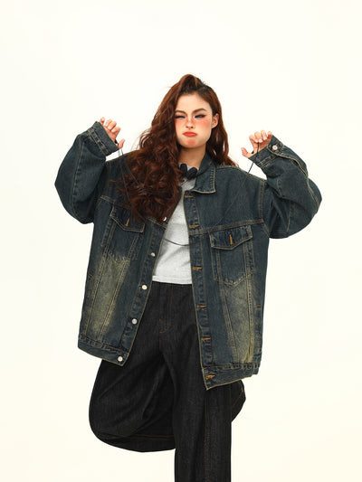 Washed-out Vintage Blue Denim Coat Couple Jacket