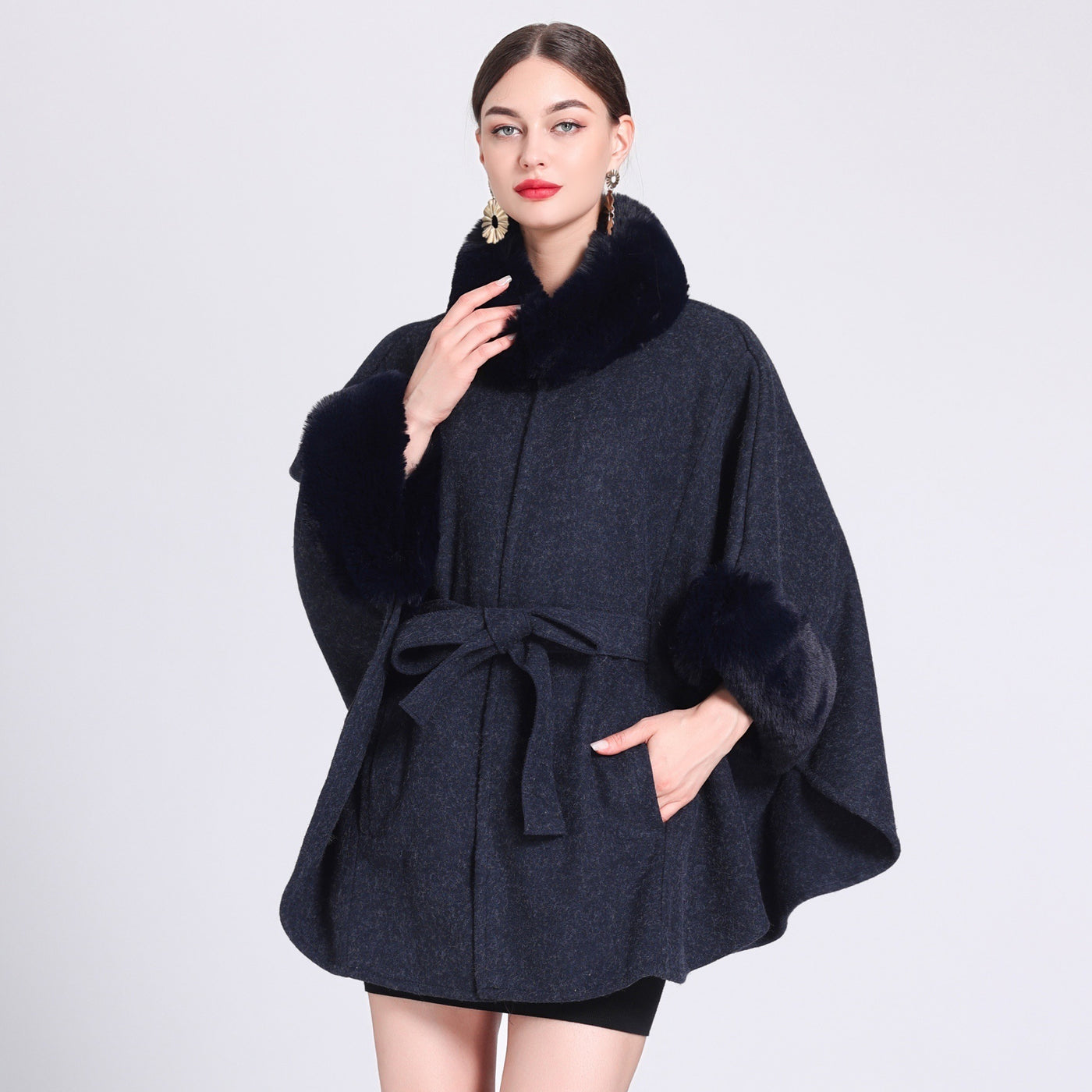 Rabbit Fur Collar Knitted Shawl Cape Lace-up Woolen Coat