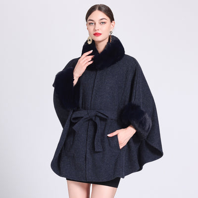 Rabbit Fur Collar Knitted Shawl Cape Lace-up Woolen Coat