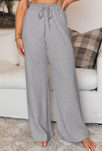 Gray Waffle Knit Drawstring High Waist Wide Leg Pants