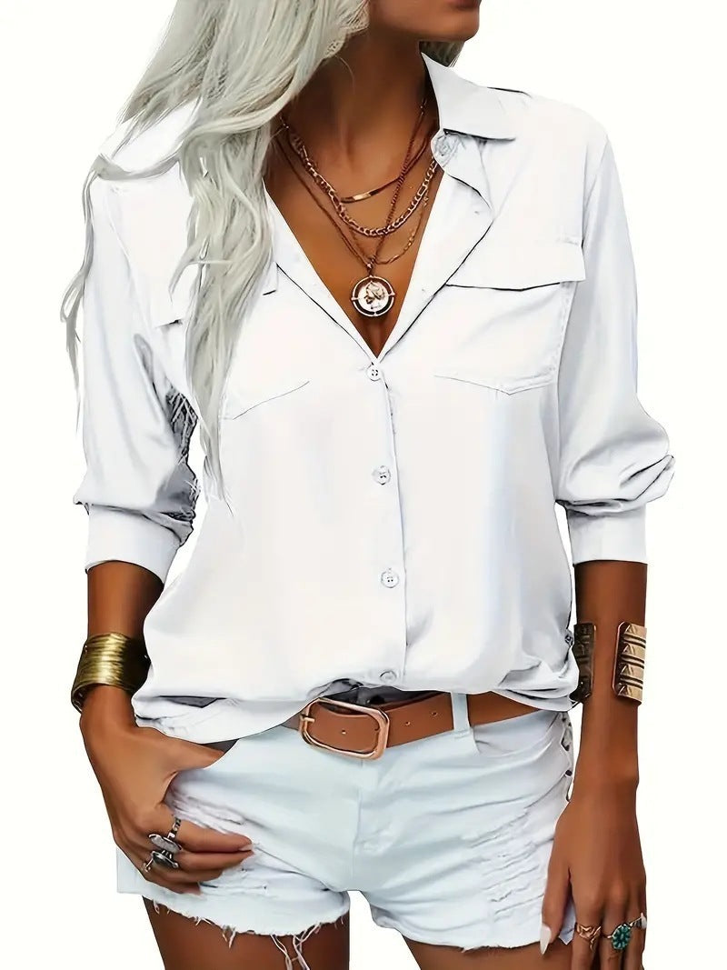New Women's Shirt With Collar And Long Sleeved Blouse With Pockets For Business And Leisure