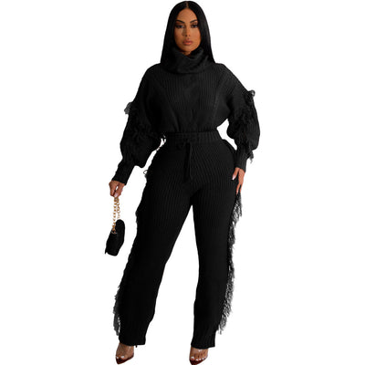 Casual Solid Color Knitted Long Sleeve Turtleneck Tassel Suit