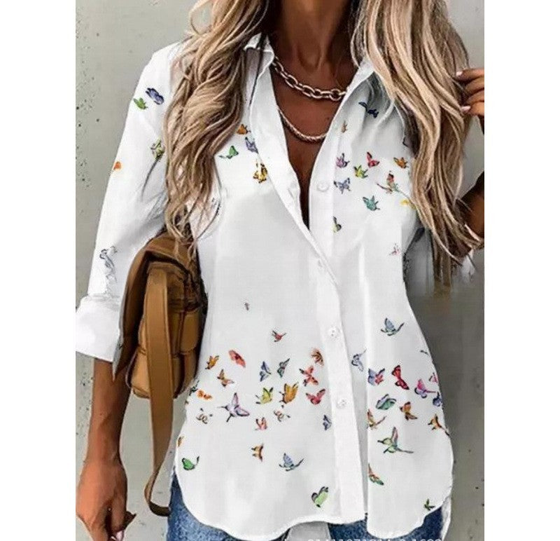 Spring And Summer New Fashionable Printed Collar Long Sleeved Shirt For Women