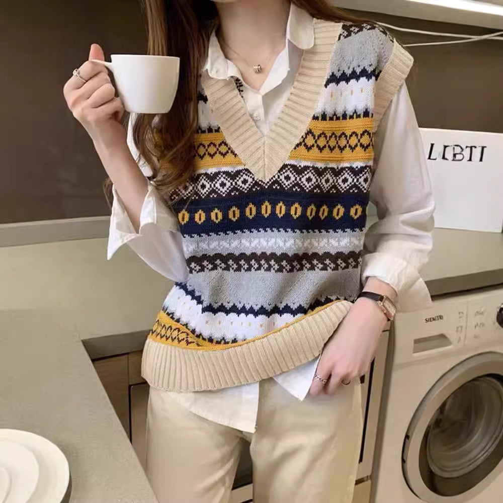 Retro V-neck Rhombus Vest Women's Knitted Jacquard Sleeveless Sweater