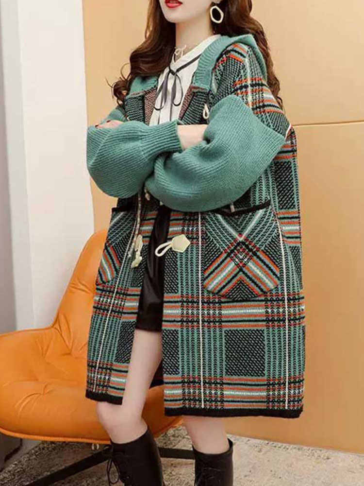 Hooded Knit Cardigan Women's Loose Mid-length Coat