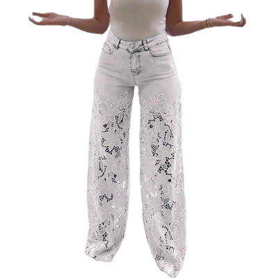 Women's Fashionable Hollow Lace Stitching High Waist Wide Leg Pants