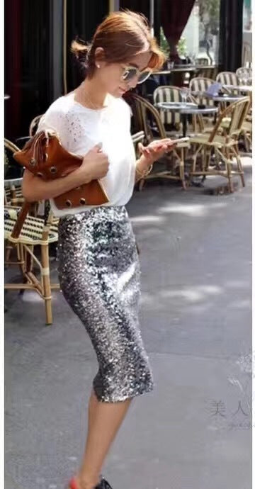 All-matching Elastic Waistband Women's Skirt Sequined Hip Skirt Mid Skirt Women