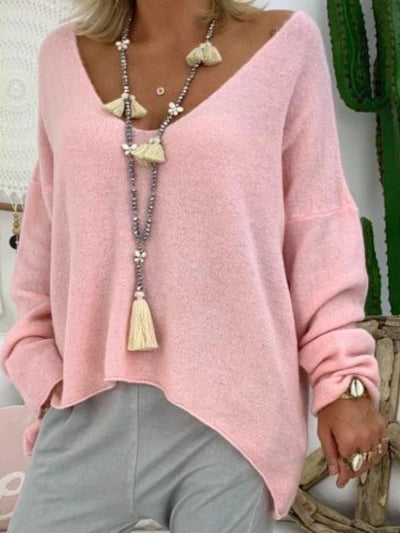 Women's Solid Color Long-sleeved T-shirt Large V-neck