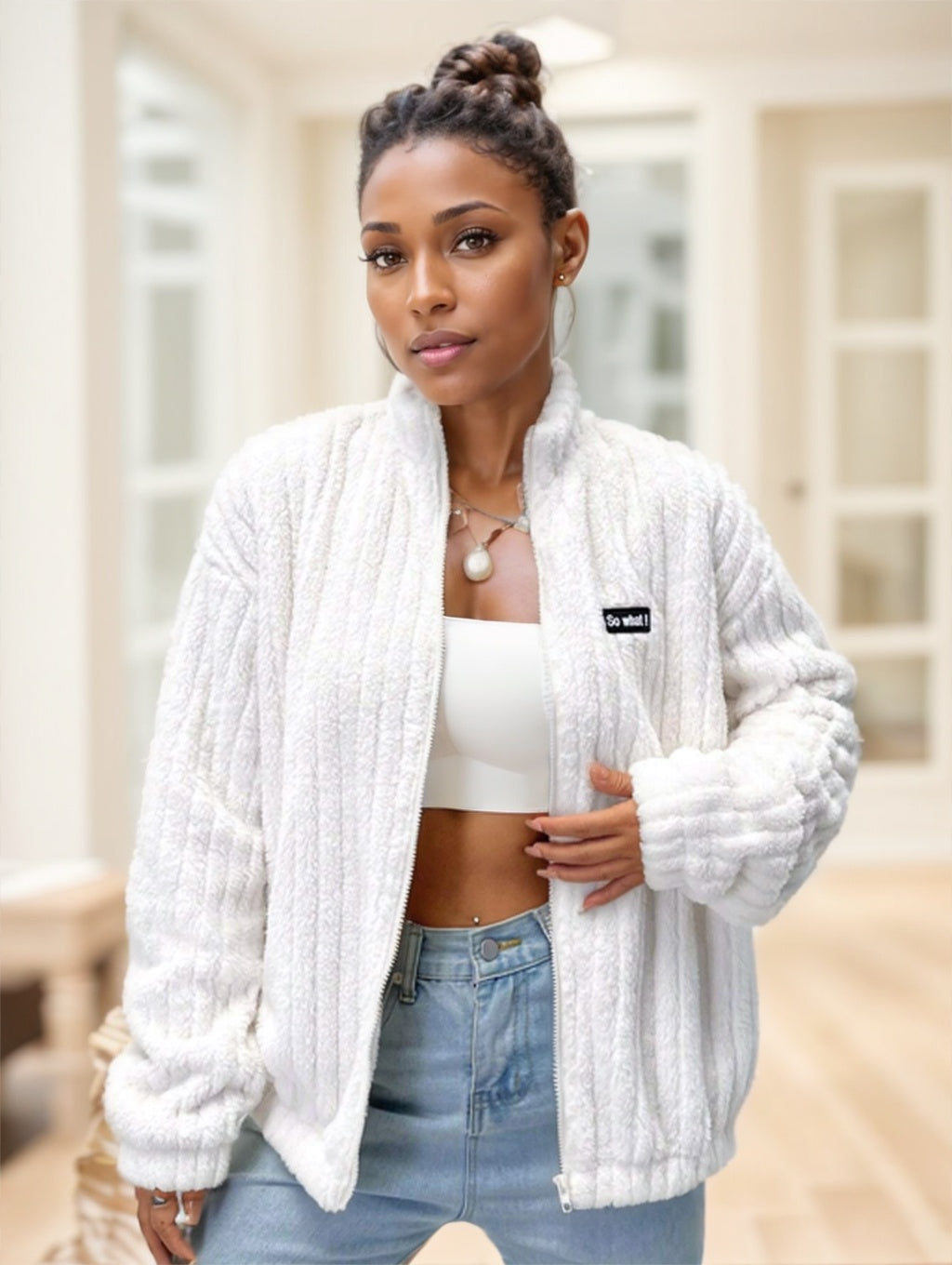 Flirla Letter Patch Drop Shoulder Teddy Jacket