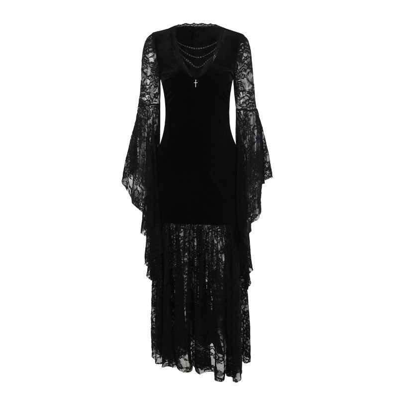 Lace Stitching Velvet Dress Women