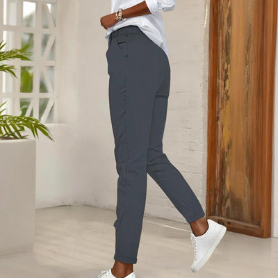 Women's High-Waisted Slim-Fit Pants With Slant Pockets & Button Detail Work & Casual Trousers