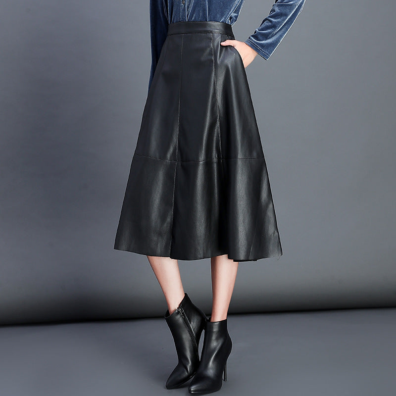 Classic Korean Women Pu Leather Skirt Skirt Pleated Skirt Loose Wild Black Thin