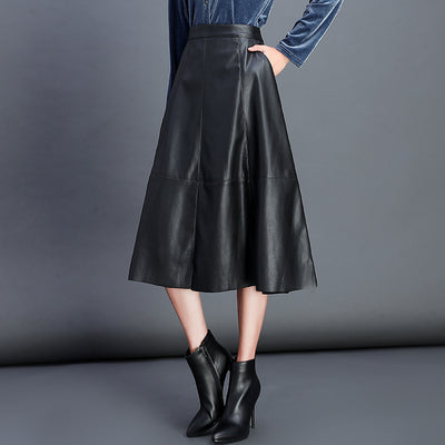 Classic Korean Women Pu Leather Skirt Skirt Pleated Skirt Loose Wild Black Thin