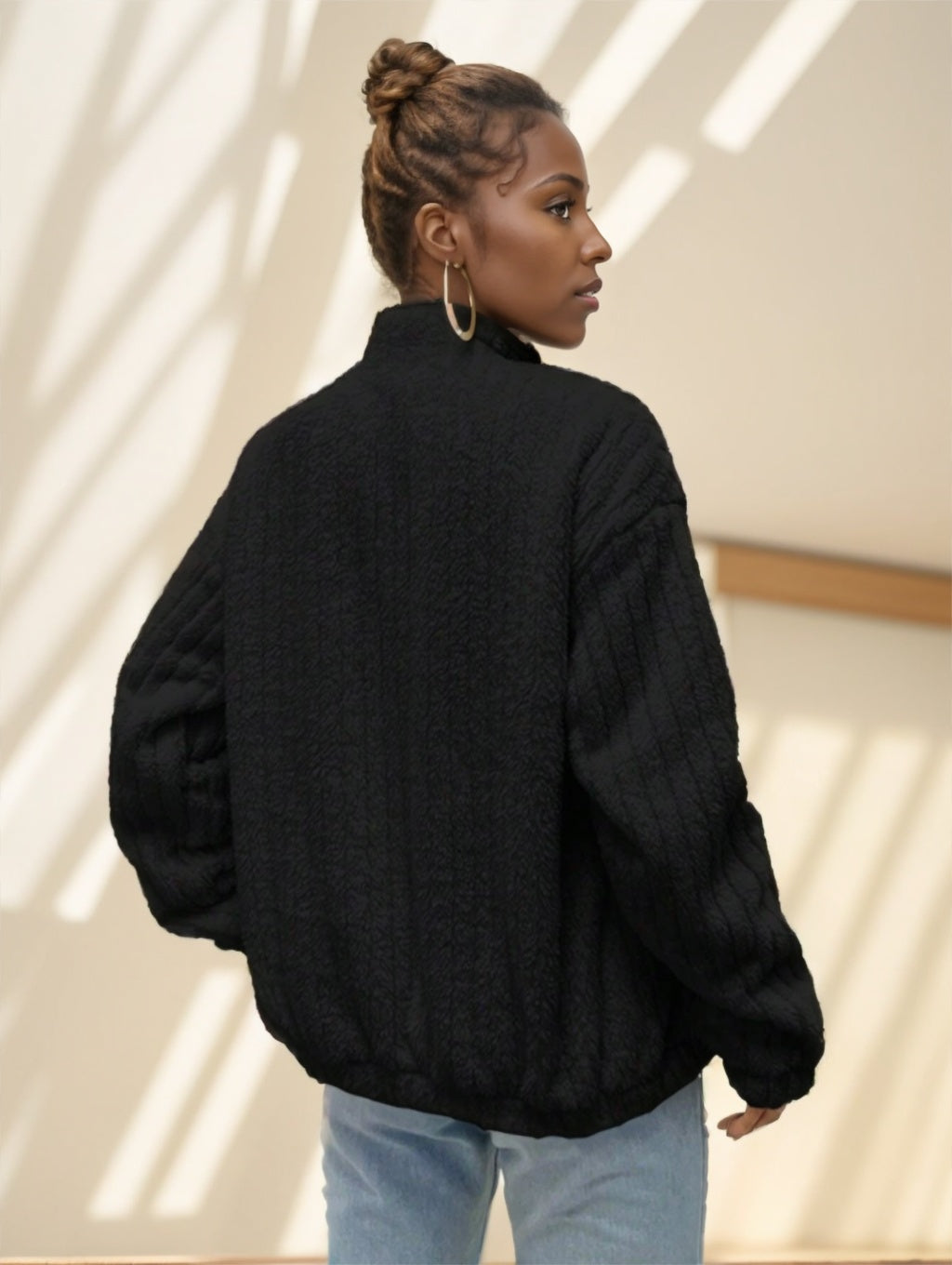 Flirla Letter Patch Drop Shoulder Teddy Jacket
