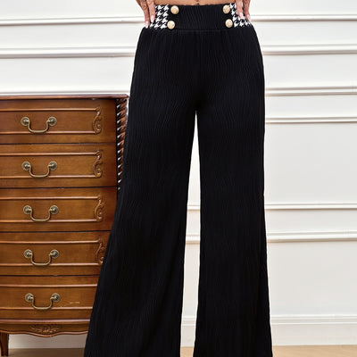 Ladies' Solid Color Thousand Bird Grid Printed Casual Elegant Style Wide Leg Pants Long Pants