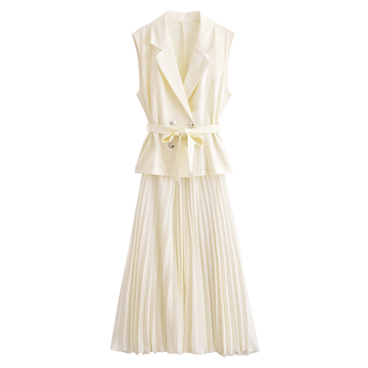 European And American Double Breasted With Belt Vest Pleated Skirt Dress