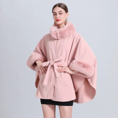 Rabbit Fur Collar Knitted Shawl Cape Lace-up Woolen Coat