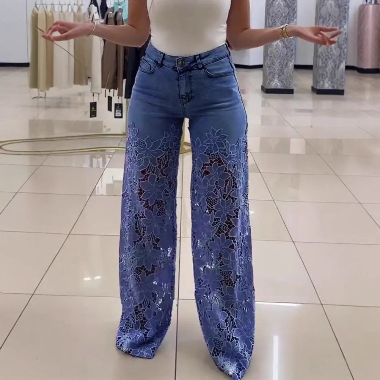 Women's Fashionable Hollow Lace Stitching High Waist Wide Leg Pants