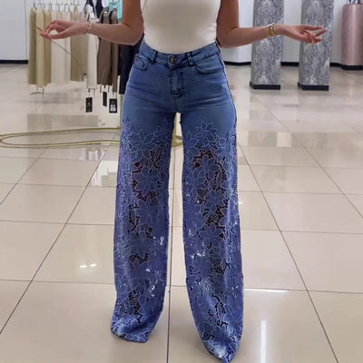 Women's Fashionable Hollow Lace Stitching High Waist Wide Leg Pants