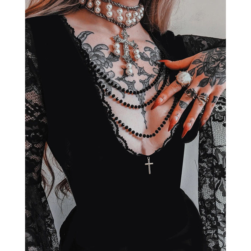 Lace Stitching Velvet Dress Women