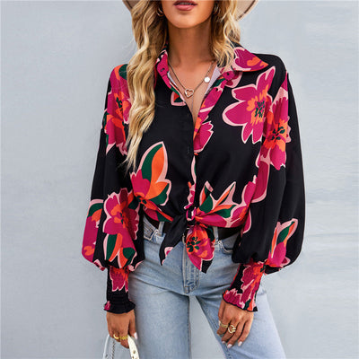 Hot Selling Long Sleeved Printed Lapel Lantern Sleeve Women's Shirt Spring And Autumn Top