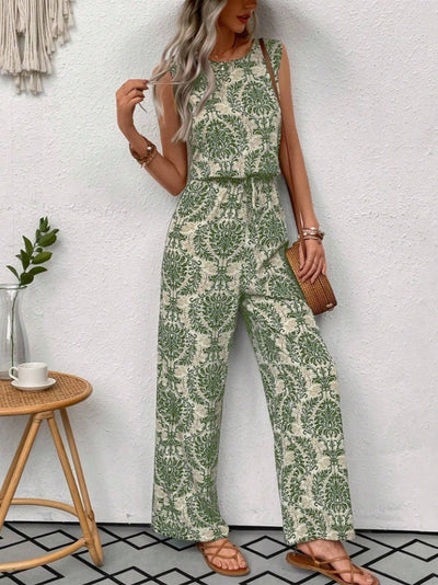 Printed Waist Cinching Casual Straight Leg Pants Set