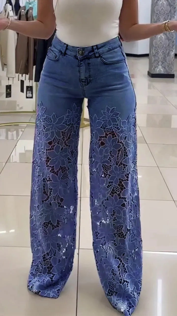 Women's Fashionable Hollow Lace Stitching High Waist Wide Leg Pants