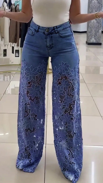 Women's Fashionable Hollow Lace Stitching High Waist Wide Leg Pants