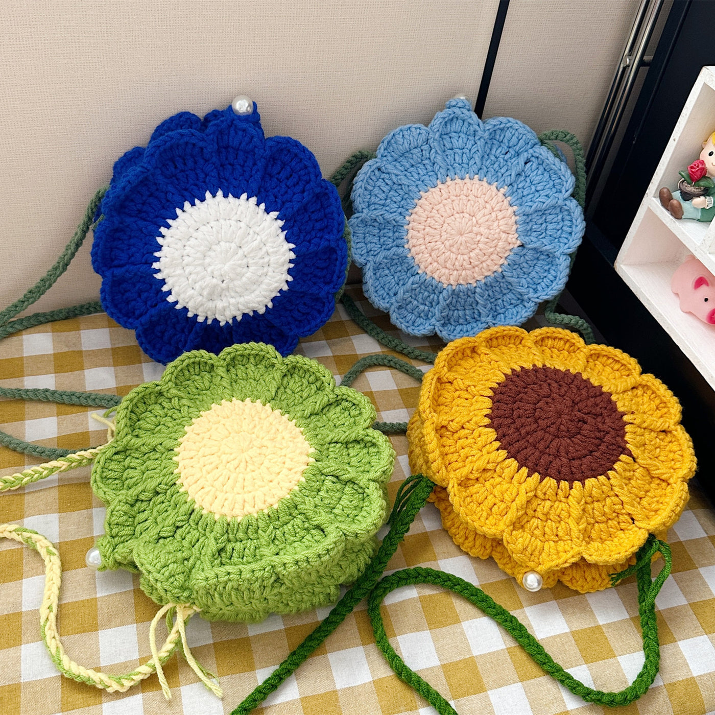 Hand-woven Bag Wool Crocheted Flowers