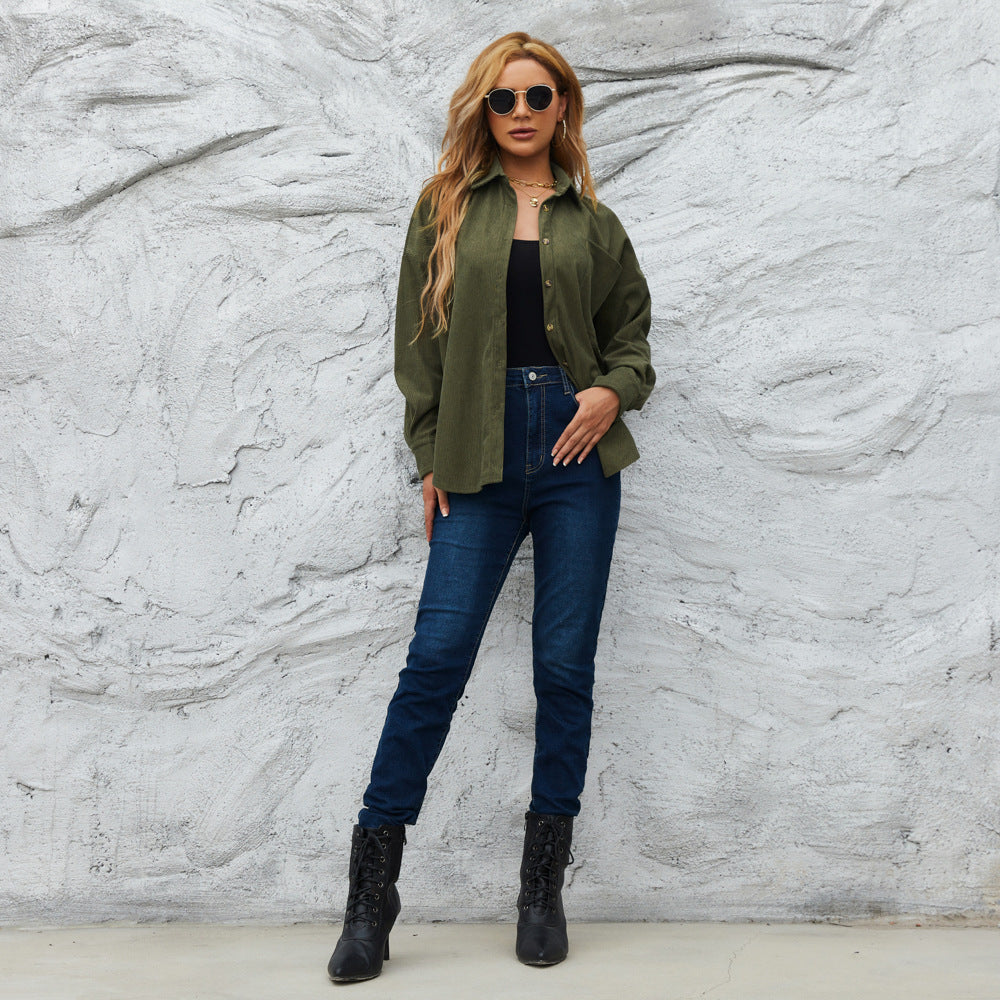 Corduroy Women's American Loose Jacket Coat Solid Color Shirt