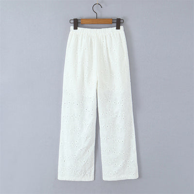 Hollow Embroidery Lace-up Straight-leg Pants