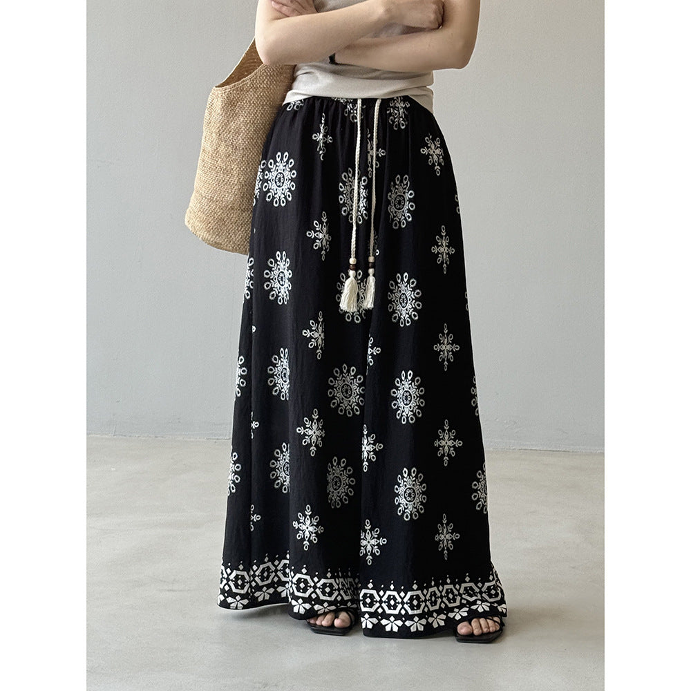 Women's Vintage Printed Drawstring Wide-leg Pants