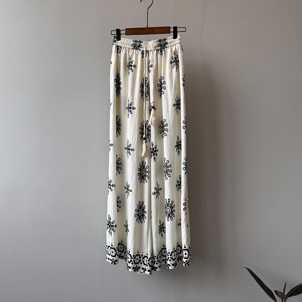 Women's Vintage Printed Drawstring Wide-leg Pants