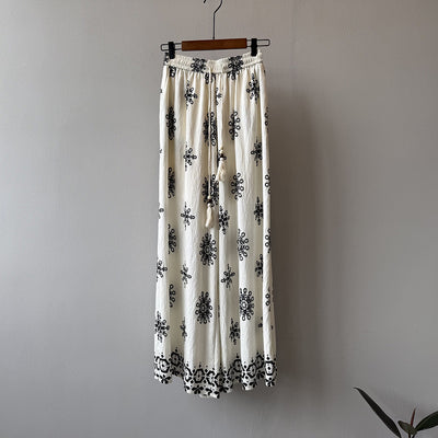 Women's Vintage Printed Drawstring Wide-leg Pants