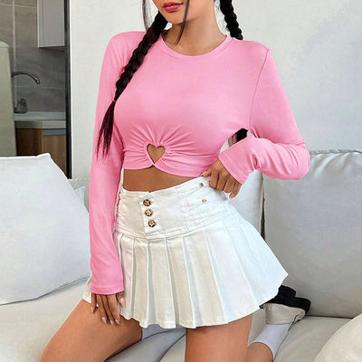Women's Round Neck Slim-fit Short Heart And Circle Long Sleeve T-shirt