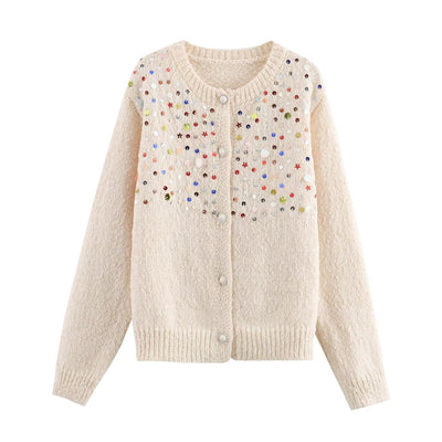 Fashion Girl Color Sequined Knitted Sweater Cardigan Coat