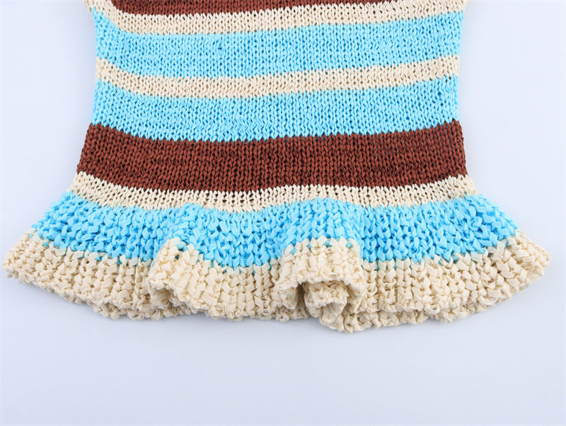 Laminated Decoration Striped Sleeveless Knitted Top