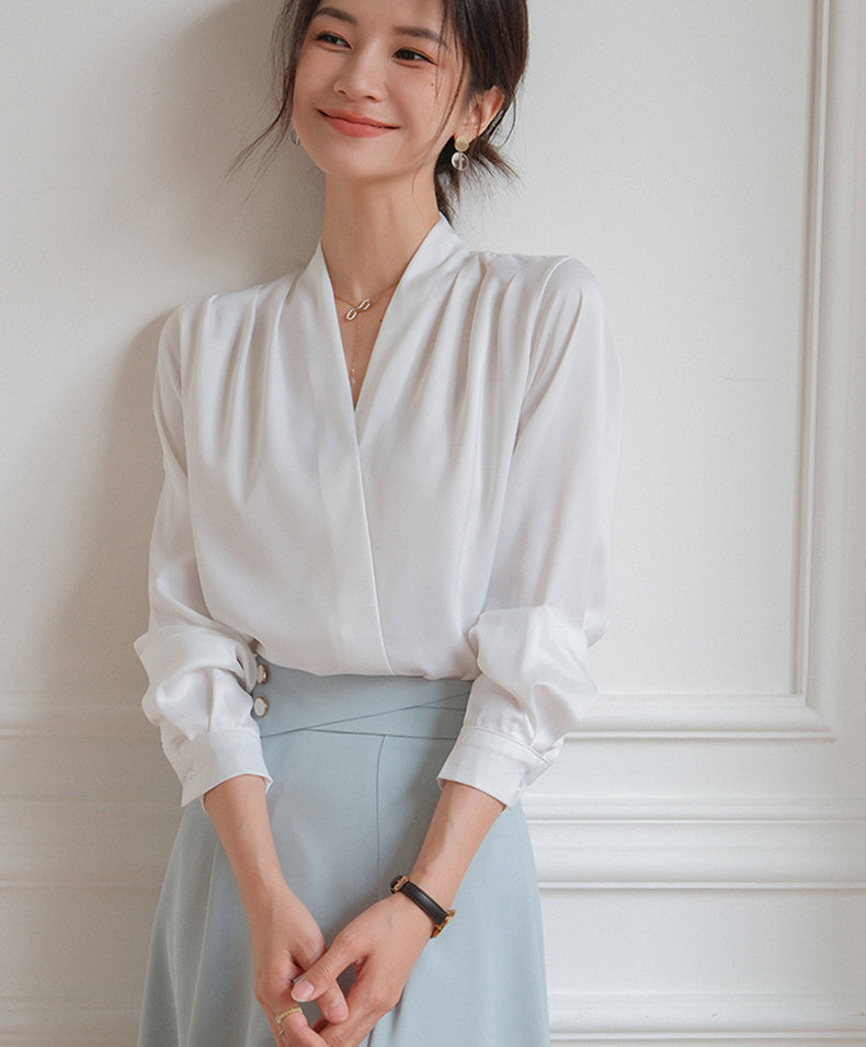 Elegant V-neck Satin Shirt Women's Commuter Formal Wear