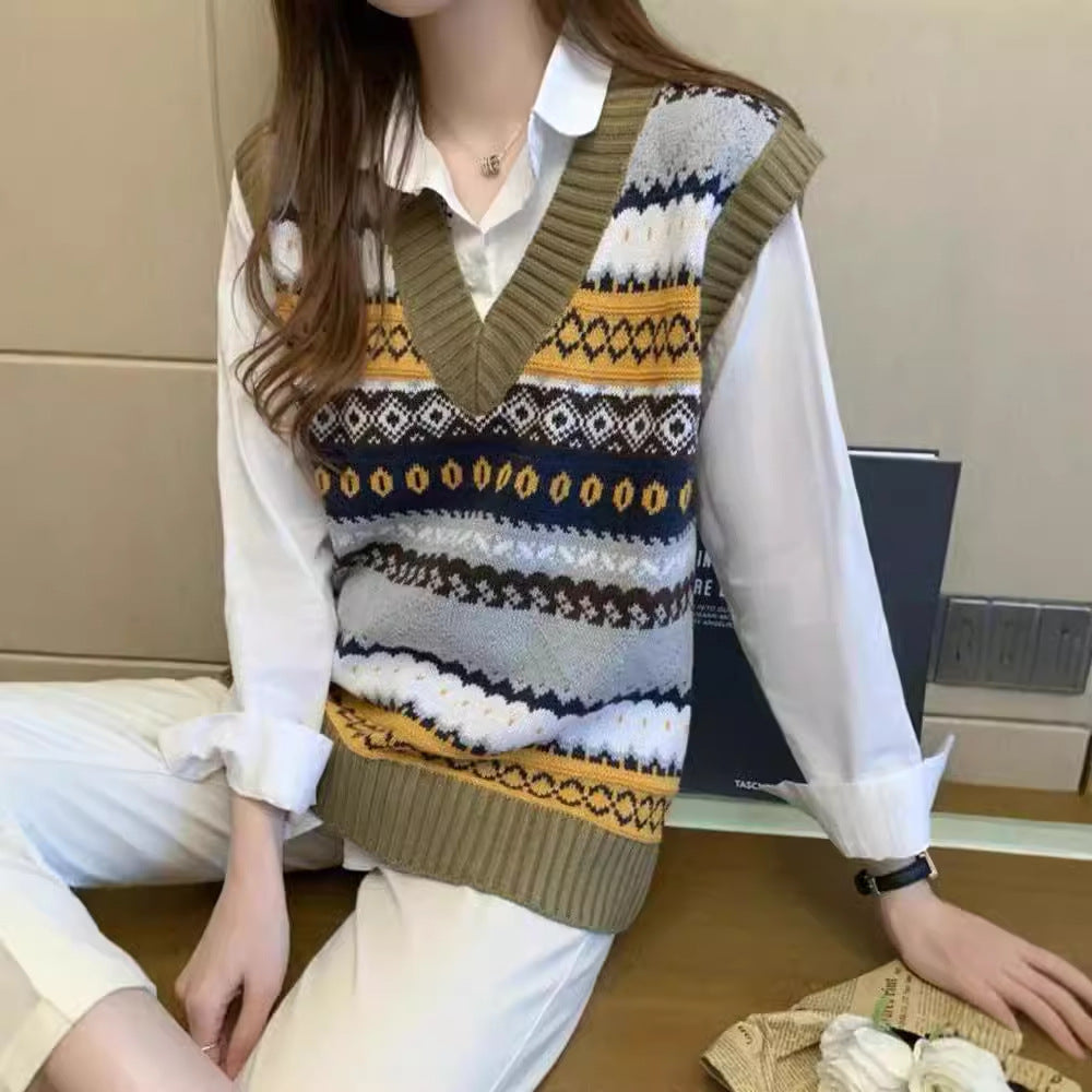 Retro V-neck Rhombus Vest Women's Knitted Jacquard Sleeveless Sweater
