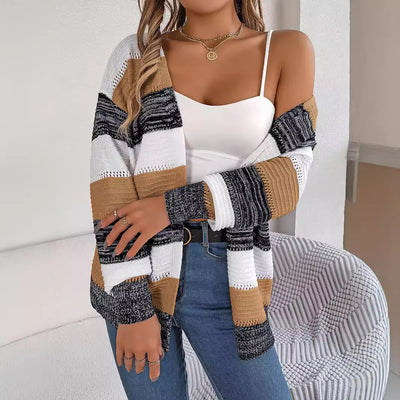 Casual Hollow Contrast Color Striped Lantern Sleeve Cardigan Sweater