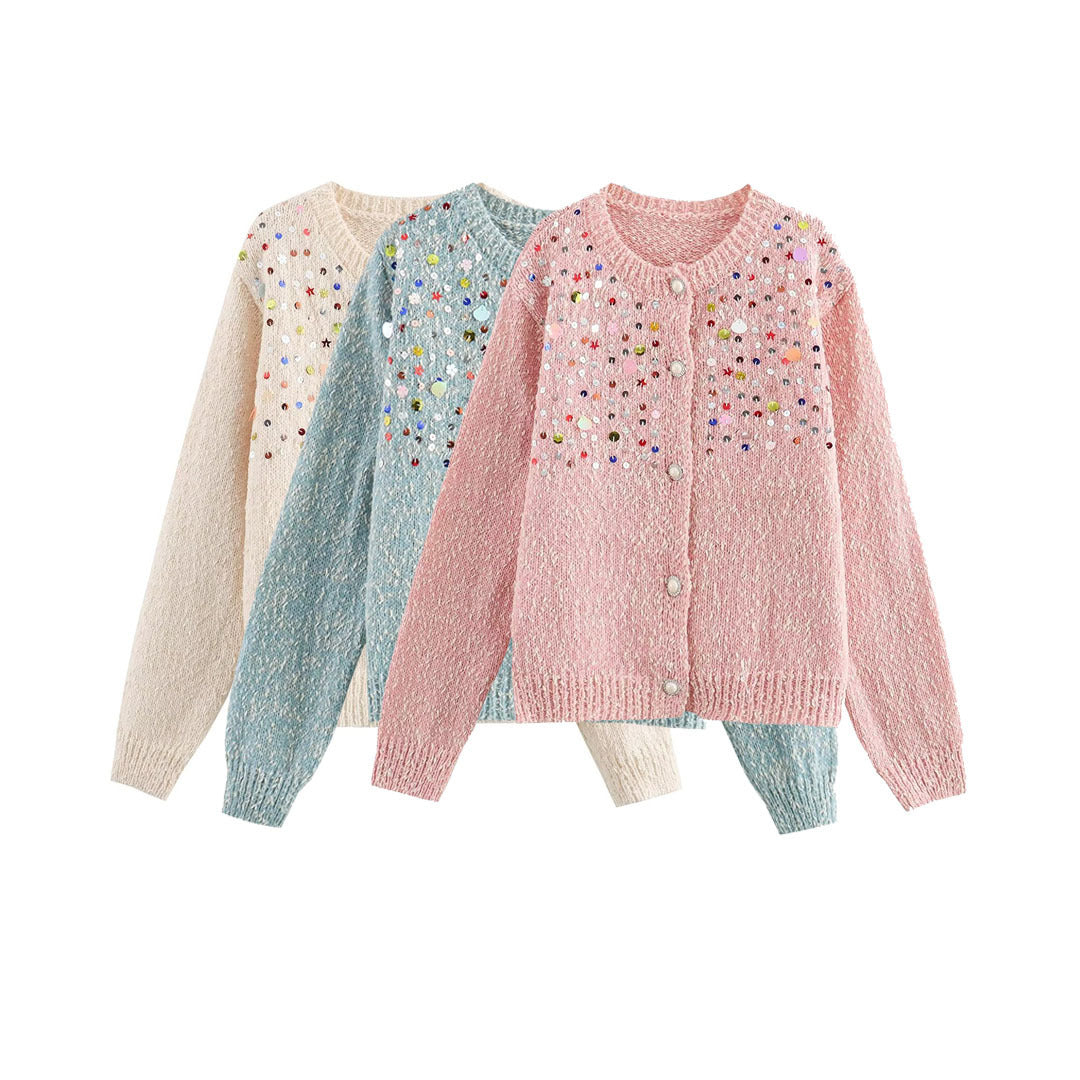 Fashion Girl Color Sequined Knitted Sweater Cardigan Coat