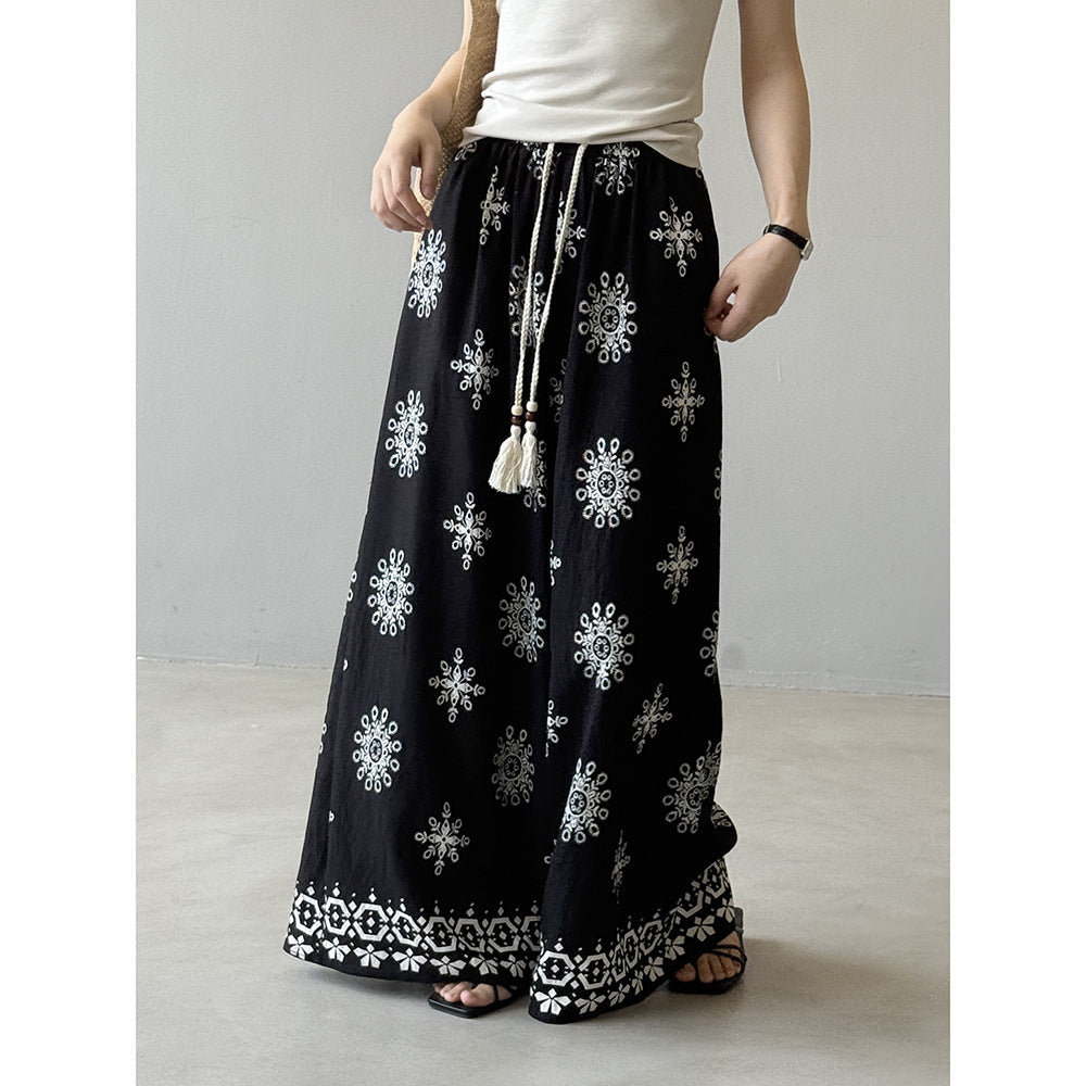 Women's Vintage Printed Drawstring Wide-leg Pants