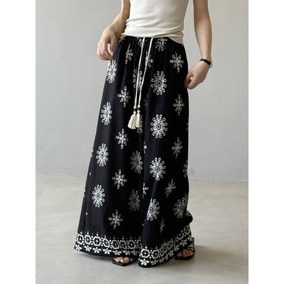Women's Vintage Printed Drawstring Wide-leg Pants